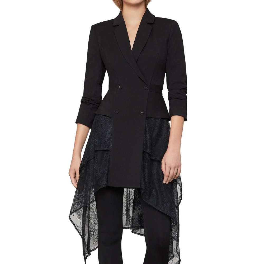 BCBGMAXAZRIA Black Tiered Lace Hem Double Breasted Blazer Jacket Goth S